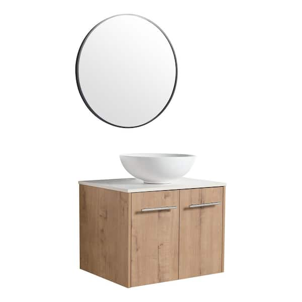 24 Floating Wood Bathroom Vanity Set with Black Sintered Stone Top &  Ceramic Sink