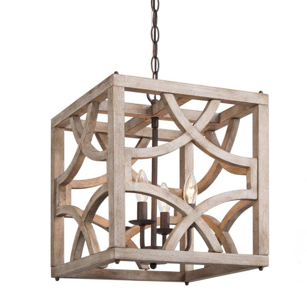 4-Light Distressed Wood Square Farmhouse Chandelier with Wood Shades, Creat