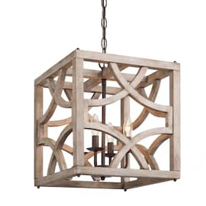 4-Light Distressed Wood Square Farmhouse Chandelier with Wood Shades, Creating Rustic Charm to Your Space