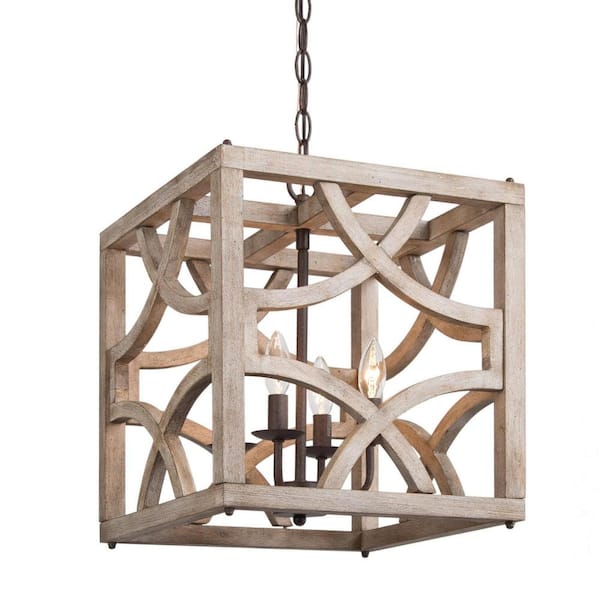 Unbranded 4-Light Distressed Wood Square Farmhouse Chandelier with Wood Shades, Creating Rustic Charm to Your Space