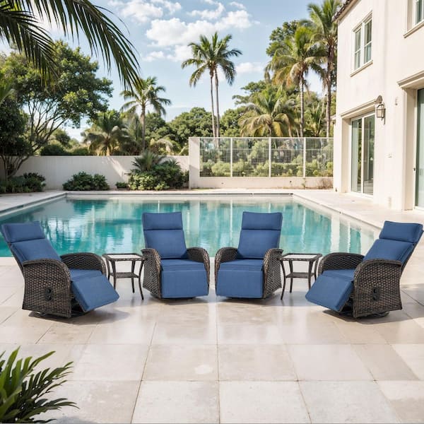 Comfort Series 6-Piece Wicker Patio Versatile Pneumatic Swivel Conversation Set with Blue Cushions