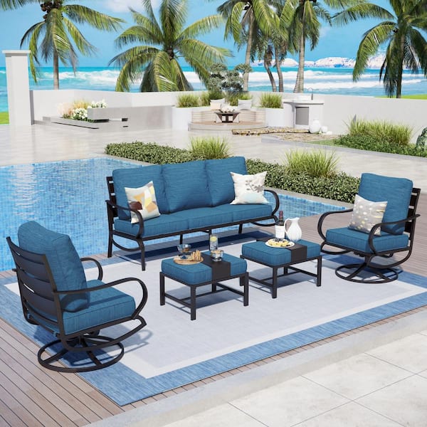 PHI VILLA Black 5-Piece Metal Slatted 7-Seat Outdoor Patio Conversation Set with Peacock Blue Cushions 2 Swivel Chairs 2 Ottomans