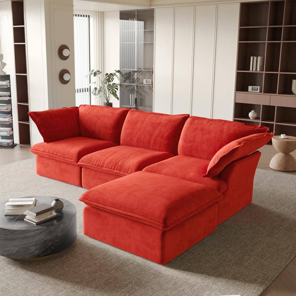 122.82 in. Flared Arm 4 Piece Linen Down Filled Deep Seat Modular Free Combination Sectional Sofa with Ottoman in. Red