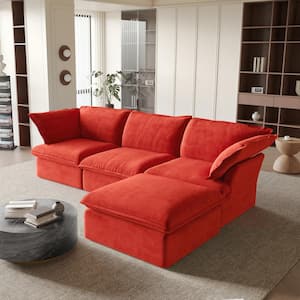 122.82 in. Flared Arm 4-Piece Linen Down-Filled Deep Seat Modular Free Combination Sectional Sofa with Ottoman in Red