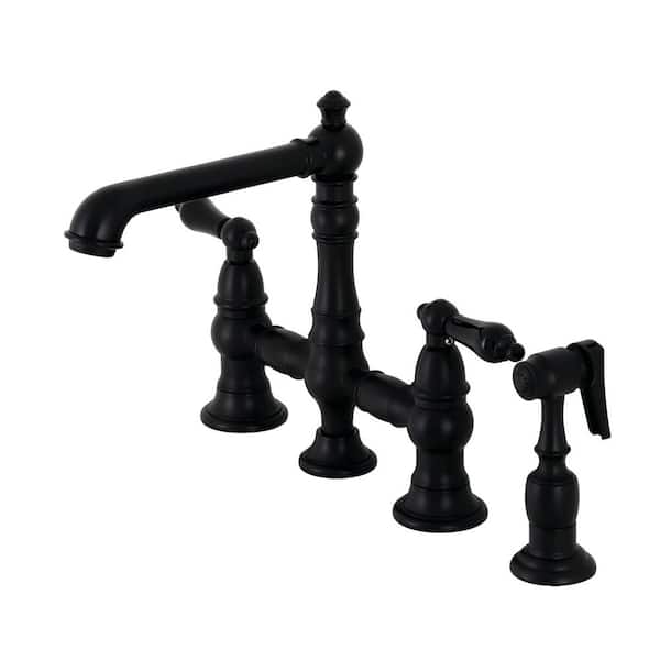 Kingston Brass Duchess 2-Handle Bridge Kitchen Faucet with Side Sprayer in Matte Black
