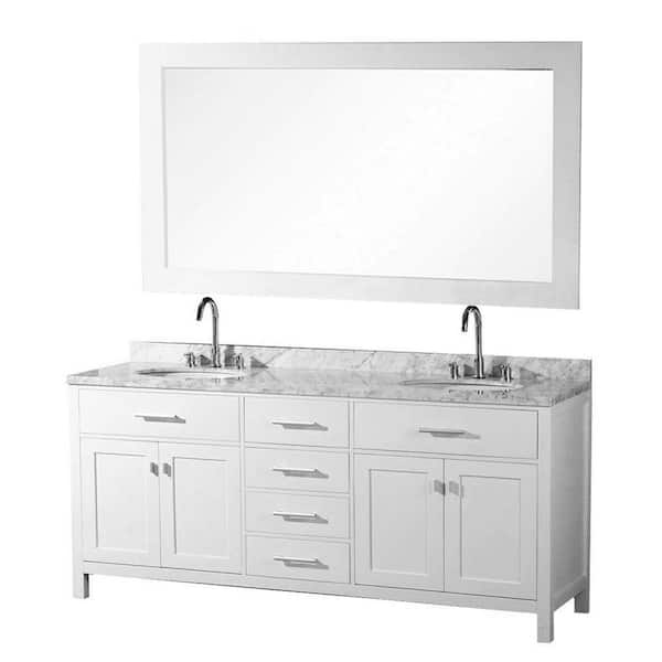 Design Element London 72 in. W x 22 in. D Vanity in White with Carrara Marble Top with White Sinks