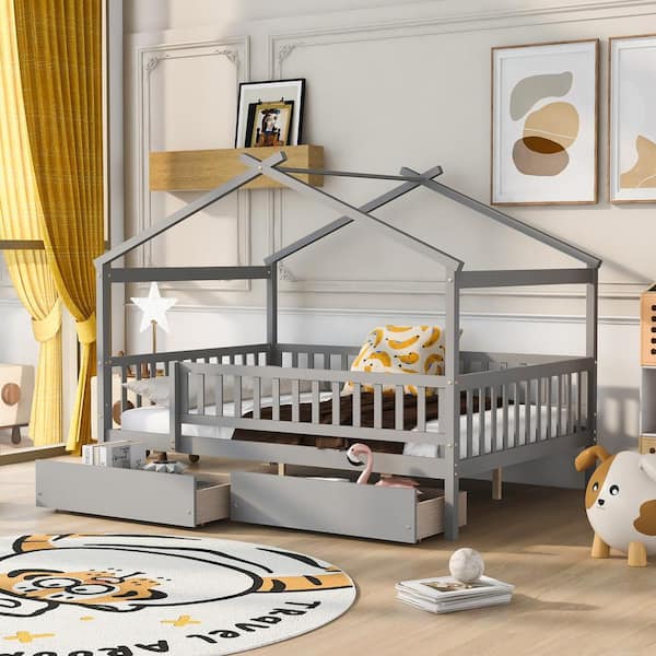 Harper & Bright Designs Gray Full Size Wood House Bed with 2 Drawers and Fence Guardrails