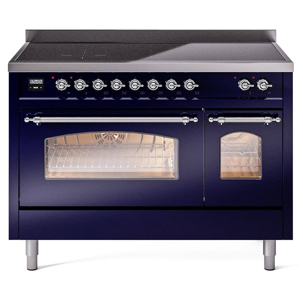 Nostalgie 48 in. 6 Zone Freestanding Double Oven Induction Range in Midnight Blue with Chrome Trim -  ILVE, UPI486NMPMBC