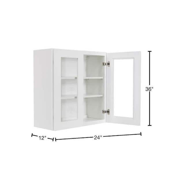 LIFEART CABINETRY Lancaster White Plywood Shaker Stock Assembled Wall Glass Door Kitchen Cabinet 24 in. W x 36 in. H x 12 in. D