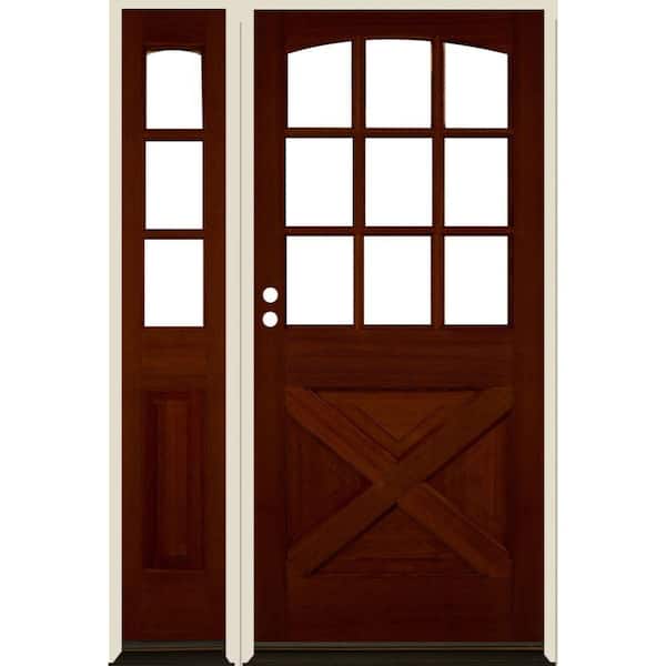 Krosswood Doors 50 in. x 80 in. Farmhouse X Panel RH 1/2 Lite Clear Glass Red Chestnut Stain Hemlock Prehung Front Door with LSL