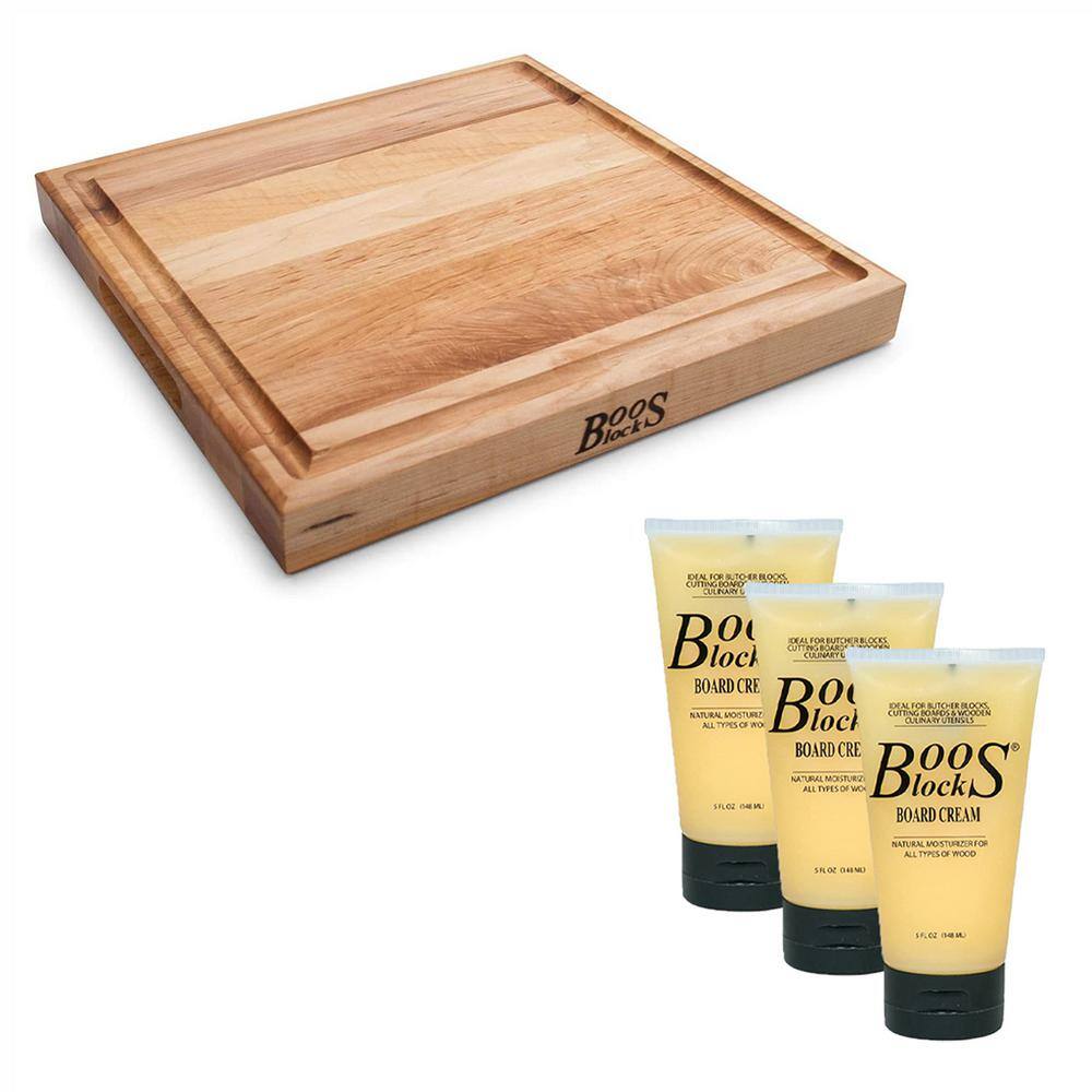 JOHN BOOS Block Square Cutting Board Bundle with Natural Moisture Cream