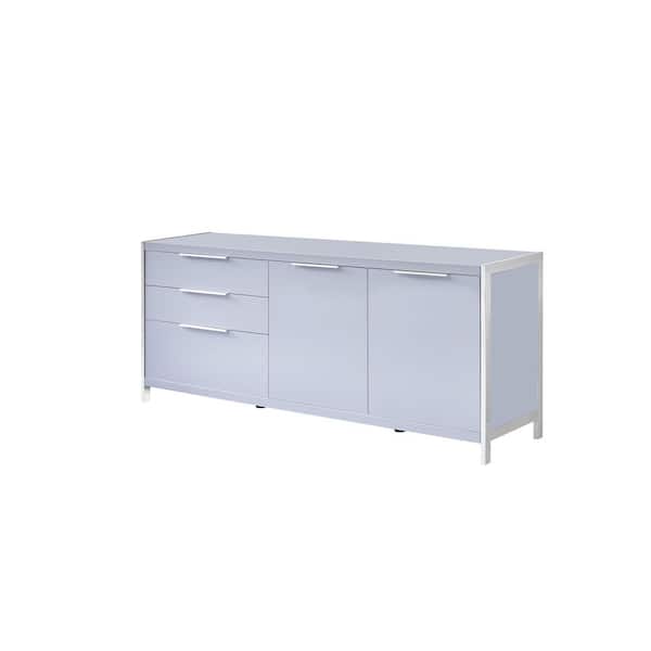 Best Quality Furniture Natalia High Gloss Light Gray Color Wood Top 18" in. Wide Sideboard with 3 Drawers 2 Doors Stainless Steel Legs.