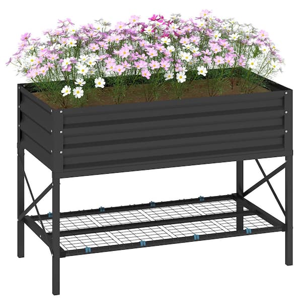 Outsunny Galvanized Raised Garden Bed, Metal Planter Box with Legs, Storage Shelf and Bed Liner