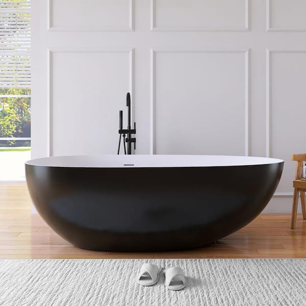 MEDUNJESS Luna 71 in. x 35 in. Stone Resin Solid Surface Flatbottom Freestanding Soaking Bathtub in White Inside and Black Outside