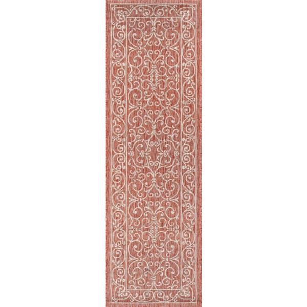 Charleston Red/Beige 2 ft. x 10 ft. Vintage Filigree Textured Weave Indoor/Outdoor Runner Rug