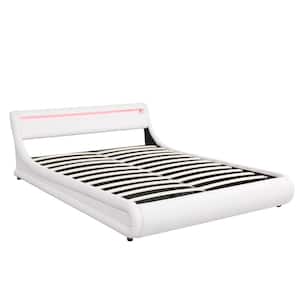 65.70 in. W Queen Upholstered Leather Platform bed in White with a Hydraulic Storage System, LED Light Headboard