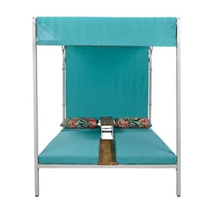 White Metal Outdoor Day Bed with Blue Cushions and Adjustable Seats for Patio, Courtyard