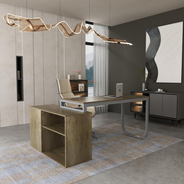 55.1 in. L-Shaped Brown Wood Writing Desk Corner Gaming Desk With 2-Tier Shelves and 3-Drawers Home Office Use