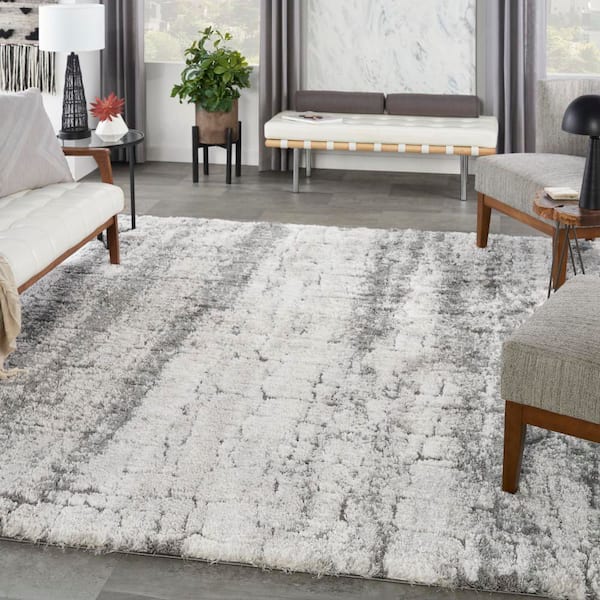 Luxurious Shag Ivory Charcoal 9 ft. x 12 ft. Abstract Contemporary Area Rug