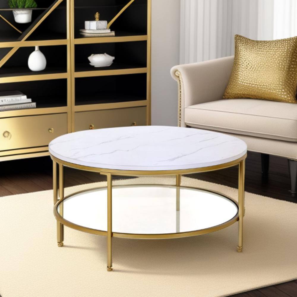 HomeRoots 36 in. Gold Round Faux Marble Coffee Table with Shelves ...