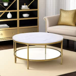 36 in. Gold Round Faux Marble Coffee Table with Shelves Storage