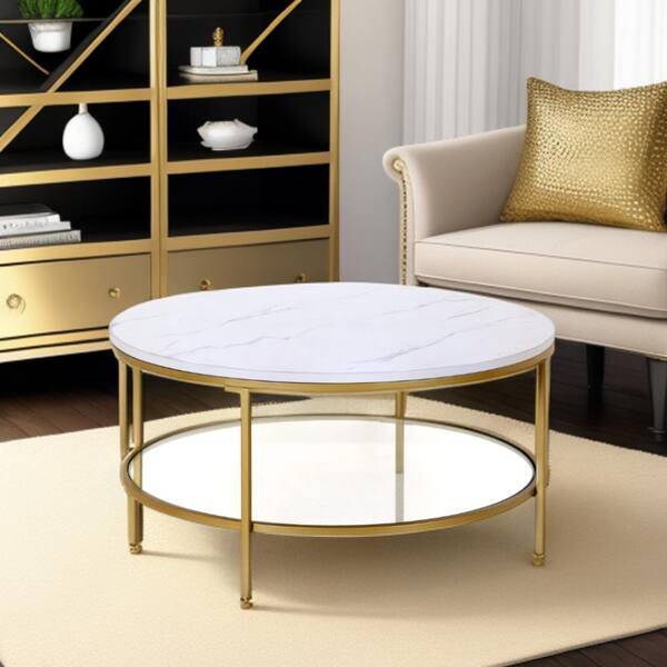 HomeRoots 36 in. Gold Round Faux Marble Coffee Table with Shelves ...