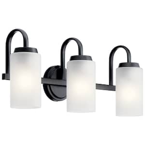 Kennewick 22.75 in. 3-Light Black Traditional Bathroom Vanity Light with Etched Glass