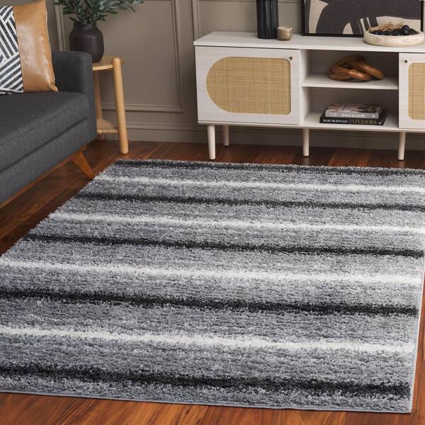 Border and Stripe Shag 5 ft. x 8 ft. Gray/Black Faded Striped Area Rug