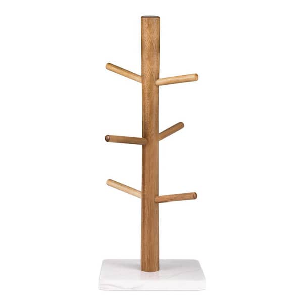 6-Hook White Marble Base Acacia Wood Coffee Mug Tree Countertop Cup Holder Stand Space Saving Organizer