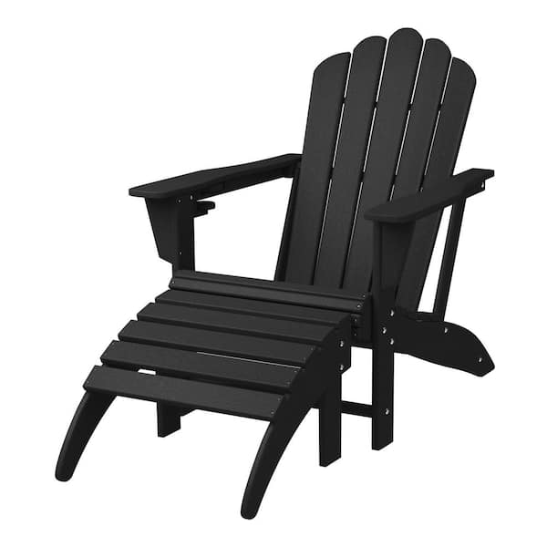 Aderson 2-Piece All Weather Outdoor Patio HDPE Adirondack Chair with Cup Holder and Matching Ottoman in Black