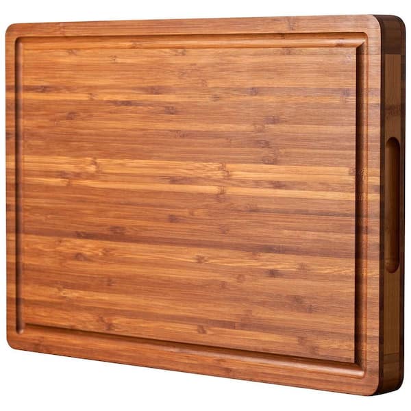 16 in. x 11 in. Rectangular Bamboo Cutting Board for Kitchen, Cheese Charcuterie Board with Side Handles, Juice Grooves