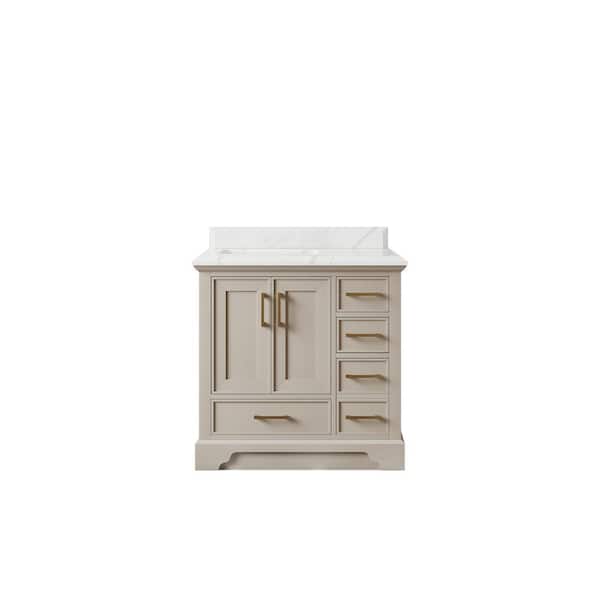 Willow Collections Charlotte 36 in. Left Offset Sink Freestanding Fine Grain Bath Vanity with Calacatta Laza Qt. Top Unassembled