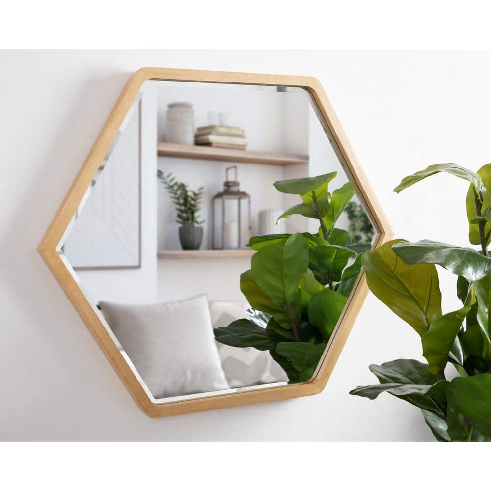 Natural Wood Hexagon Wall Mirror with Rounded Corners
