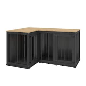 Wooden Dog Crate Furniture for 2 Dogs, Large Double Dog Kennel Corner Dog Pens Cage with Dividers for Medium Dog, Black