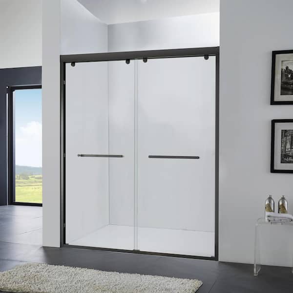 60 in. W x 76 in. H Sliding Framed Shower Door in Matte Black with Temper Glass