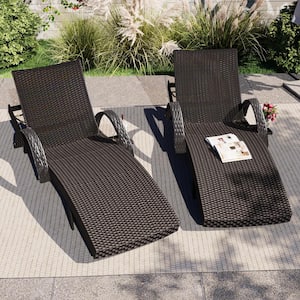Dark Brown 2-Piece Wicker Outdoor Chaise Lounge Adjustable Backrest Ergonomic Wave Design Pool Sunbathing Recliners