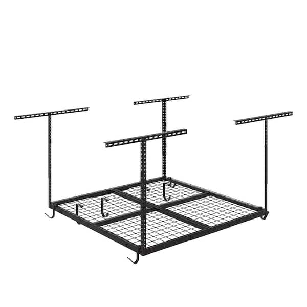 OHK Series 48 in. W x 48 in. D x 22-40 in. H Black Ceiling Mounted Overhead Garage Storage Rack with Accessory Hooks