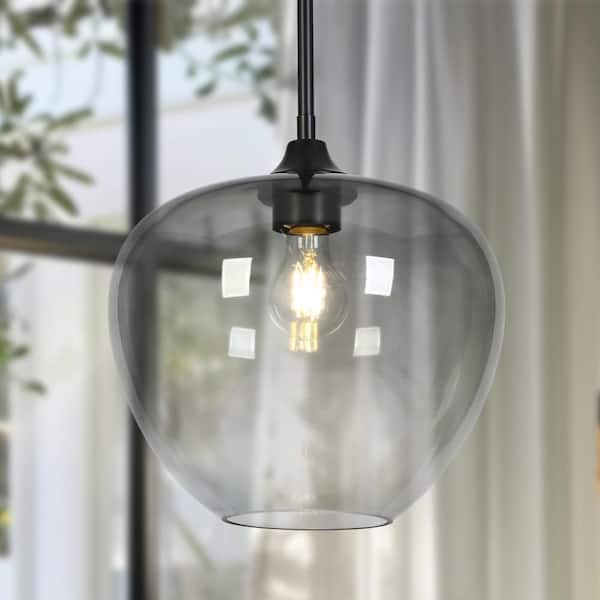 Modern Minimalist 11.2 in. 1-Light Black Pendant Light, DIY Kitchen Island Pendant Lighting with Smoke Gray Glass Shade