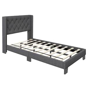 Gray Wood Frame Twin Size Upholstered Platform Bed Tufted Headboard Mattress Foundation
