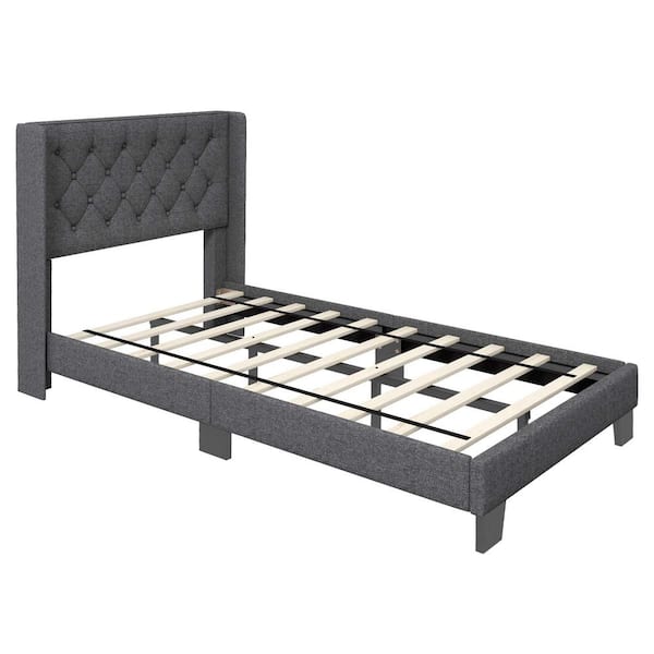 Costway Gray Wood Frame Twin Size Upholstered Platform Bed Tufted ...