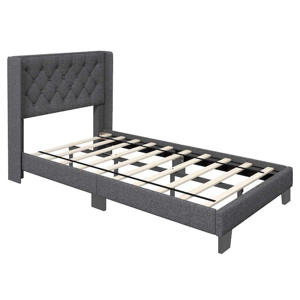 Costway Gray Wood Frame Twin Size Upholstered Platform Bed Tufted Headboard Mattress Foundation