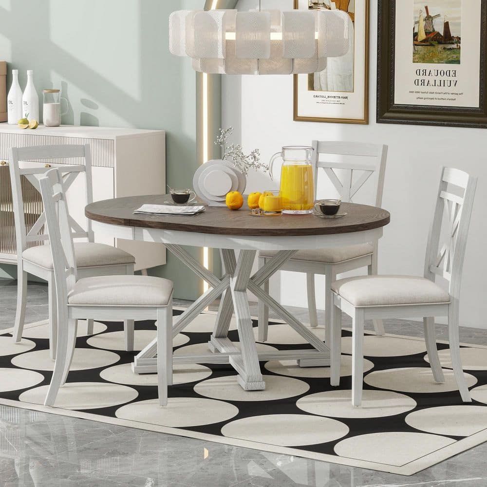 5-Piece Brown and Antique White Round Extendable Wood Dining Table Set with 4-Upholstered Chairs