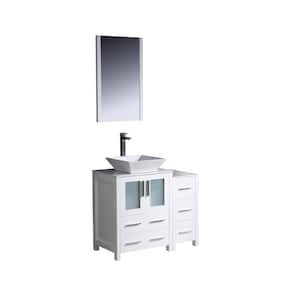 Torino 36 in. Vanity in White with Glass Stone Vanity Top in White with White Basin with Mirror and 1 Side Cabinet