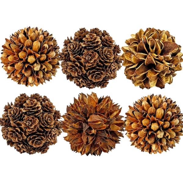 Handmade Natural & Preserved Topiary Balls – Decorative Bowl Filler Orbs In Brown – Botanical Accent Set Of 6