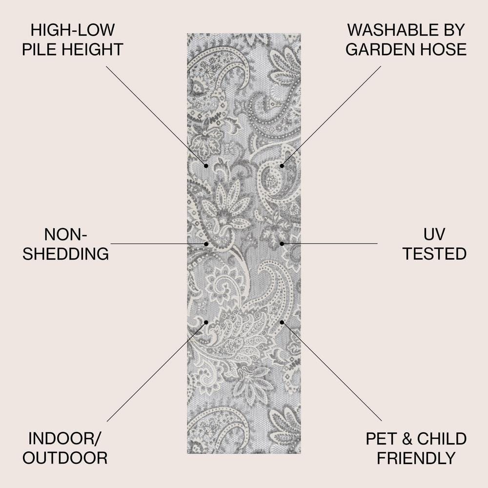 Paisley Elegance Light Gray/Ivory 2' x 8' Synthetic Indoor/Outdoor Runner
