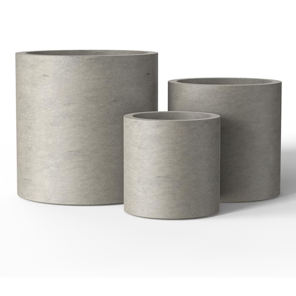 10 in., 13 in., 16in. Dia Light Gray Extra Large Tall Round Concrete Plant Pot / Planter for Indoor and Outdoor Set of 3