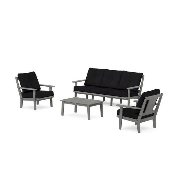 POLYWOOD Prairie 4-Pcs Plastic Patio Conversation Set with Sofa in Slate Grey/Midnight Linen Cushions