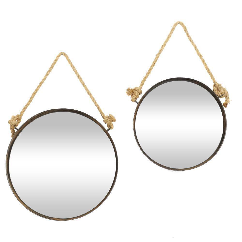 Brown Round Metal Wall Mirrors with Jute Rope Set