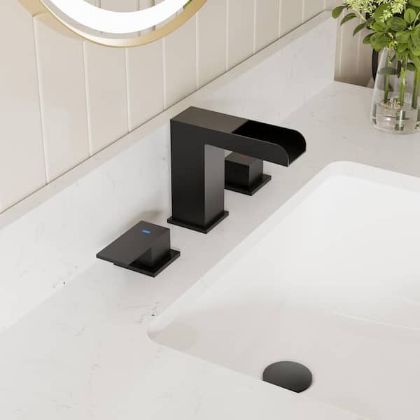 8 in. Widespread Double Handle Waterfall Bathroom Faucet with Deckplate and Drain in Black