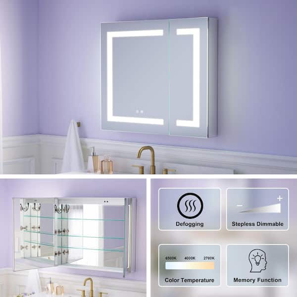36 in. W x 30 in. H Rectangular Aluminum LED Recessed or Surface Mount Medicine Cabinet with Mirror,Adjustable Shelves